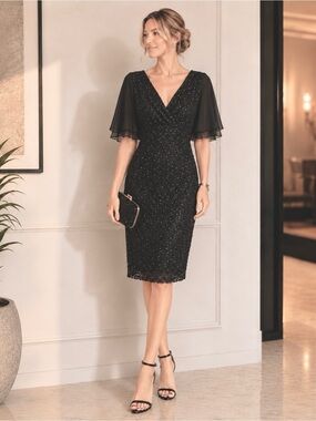 Connected Apparel Lace Sequined Party Cocktail Dress Chiffon Flutter Sleeves